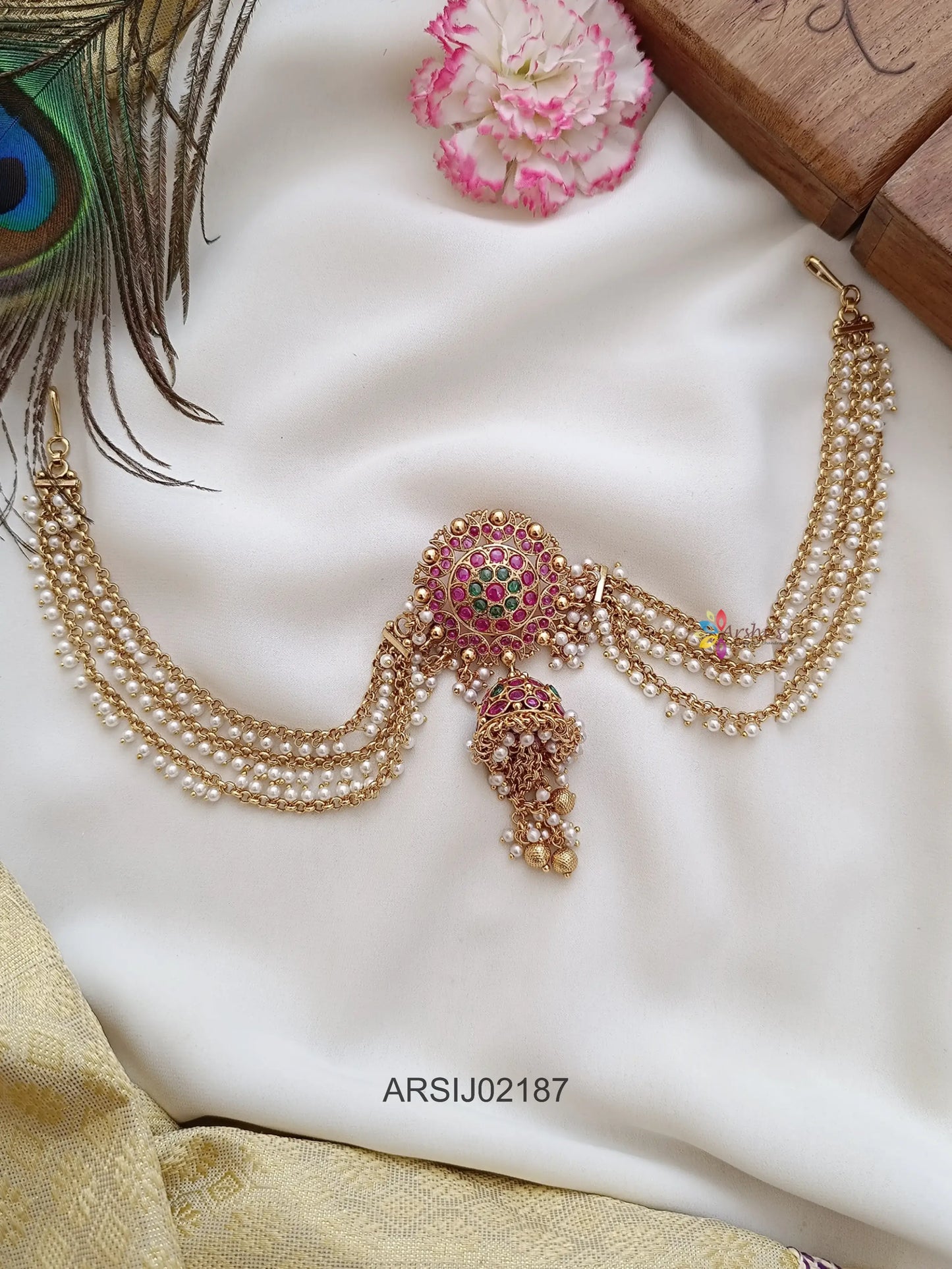 Kemp Stone with Jhumki Drop Pearl Layer Hair Brooch