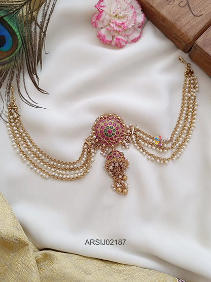 Kemp Stone with Jhumki Drop Pearl Layer Hair Brooch