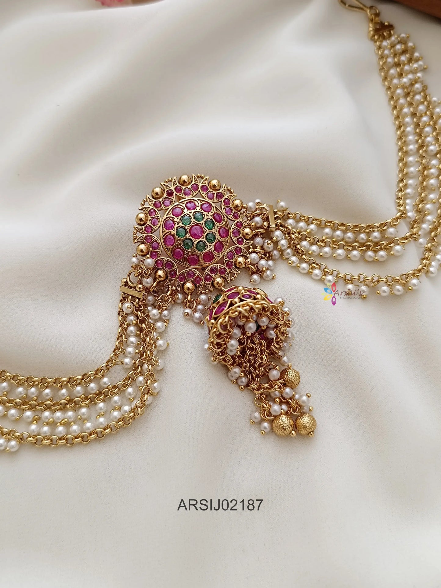 Kemp Stone with Jhumki Drop Pearl Layer Hair Brooch