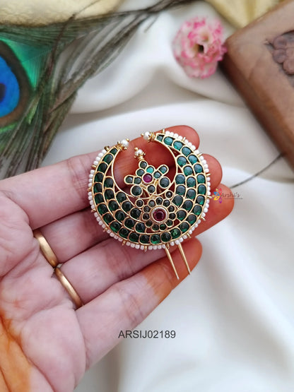 Emerald Stone Moon Hair Brooch