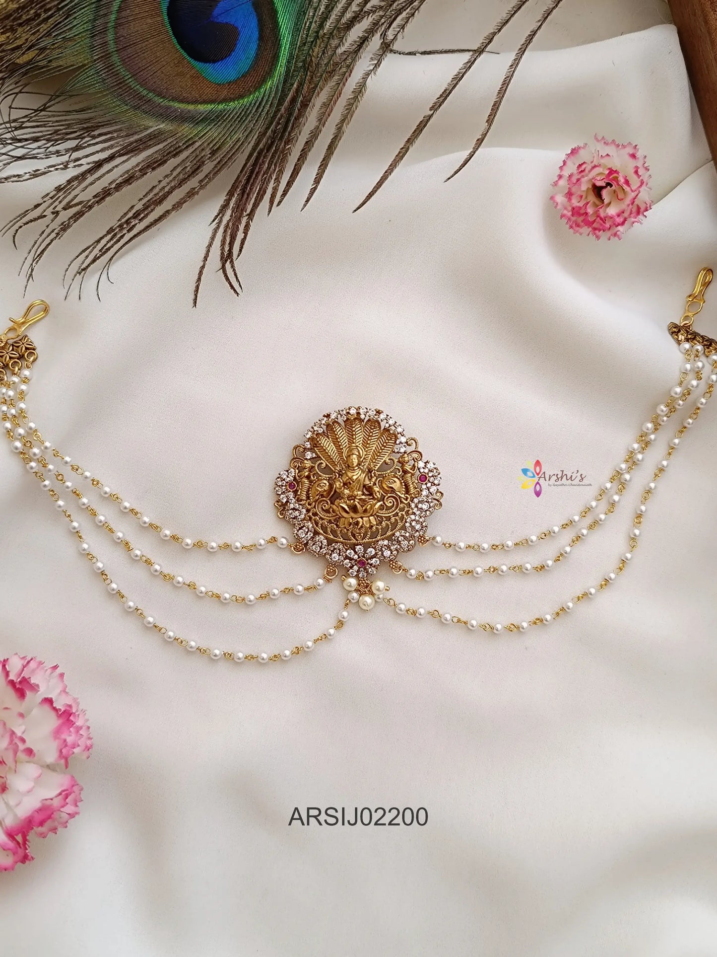 Lakshmi White Stone with Pearl Earchain Hair Brooch