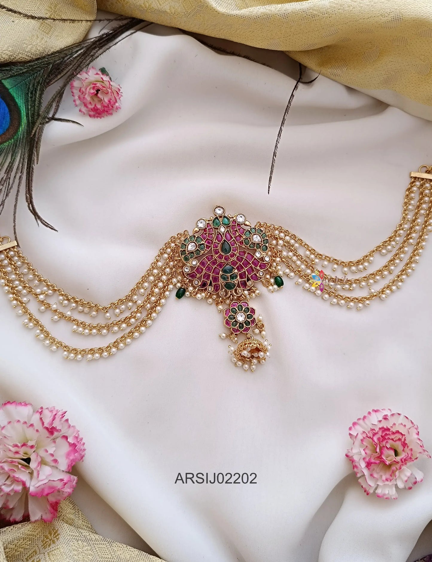 Peacock Kemp and Green Stone Pearl Layer Hair Brooch