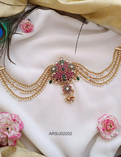 Peacock Kemp and Green Stone Pearl Layer Hair Brooch