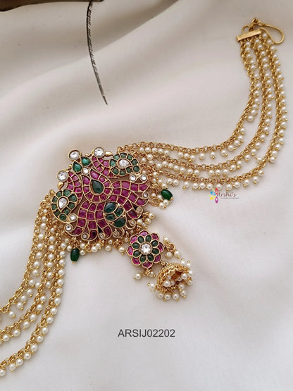 Peacock Kemp and Green Stone Pearl Layer Hair Brooch