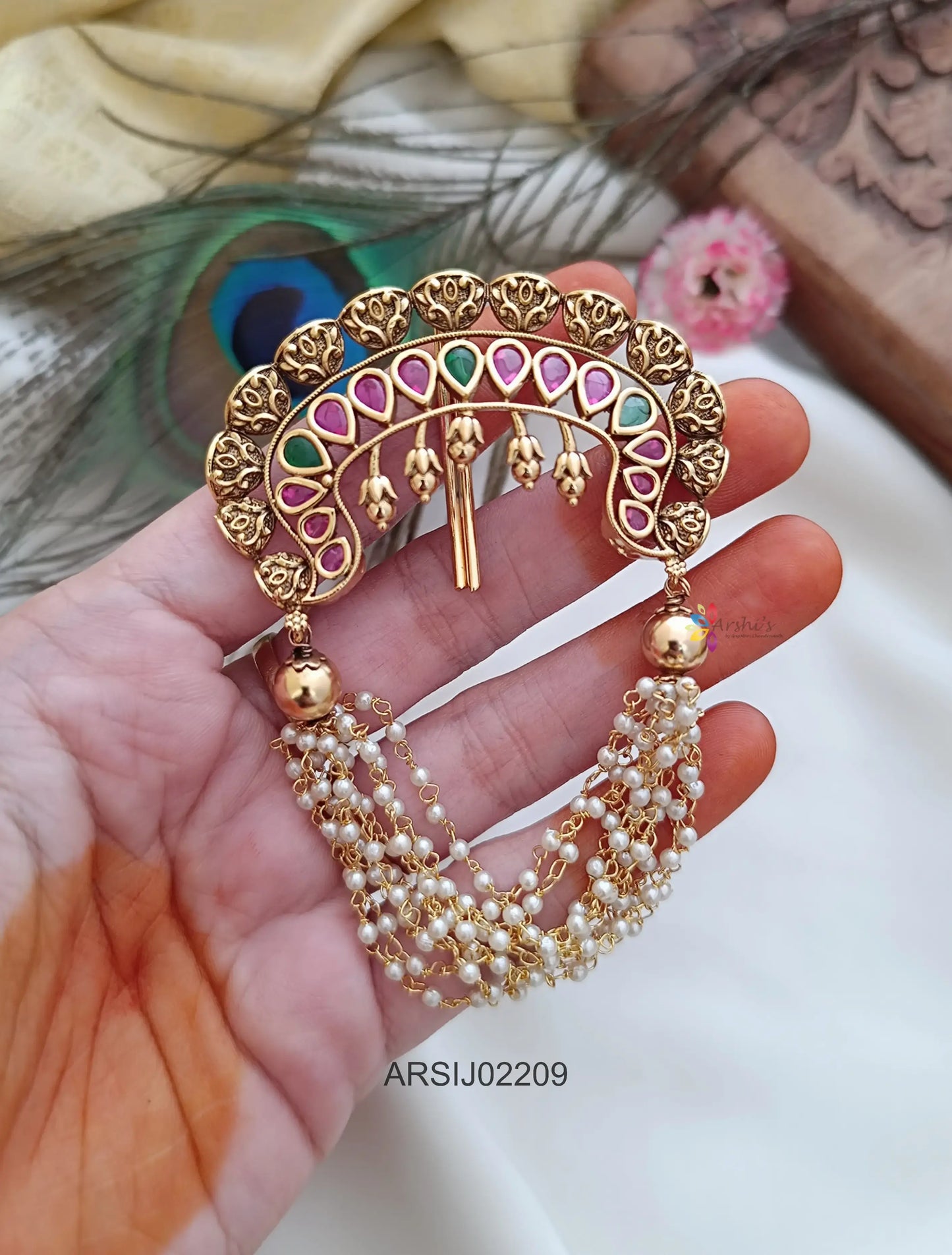 Designer Stone Pearl Layer Hair Brooch