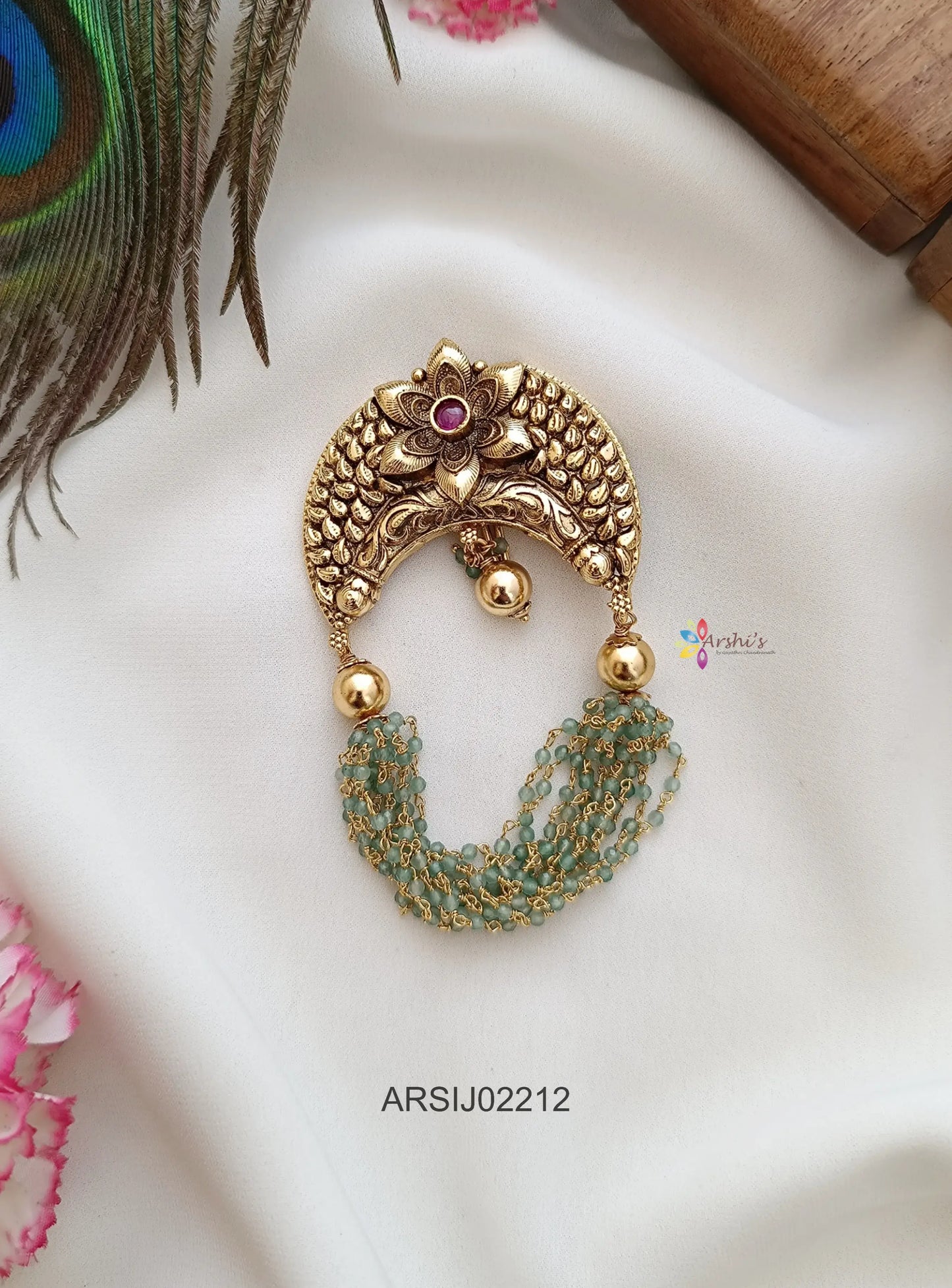 Antique Flower Design Green Bead Hair Brooch