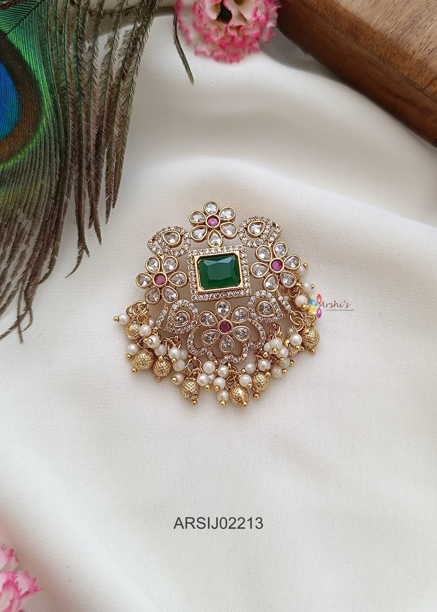 Emerald and White Stone Hair Brooch