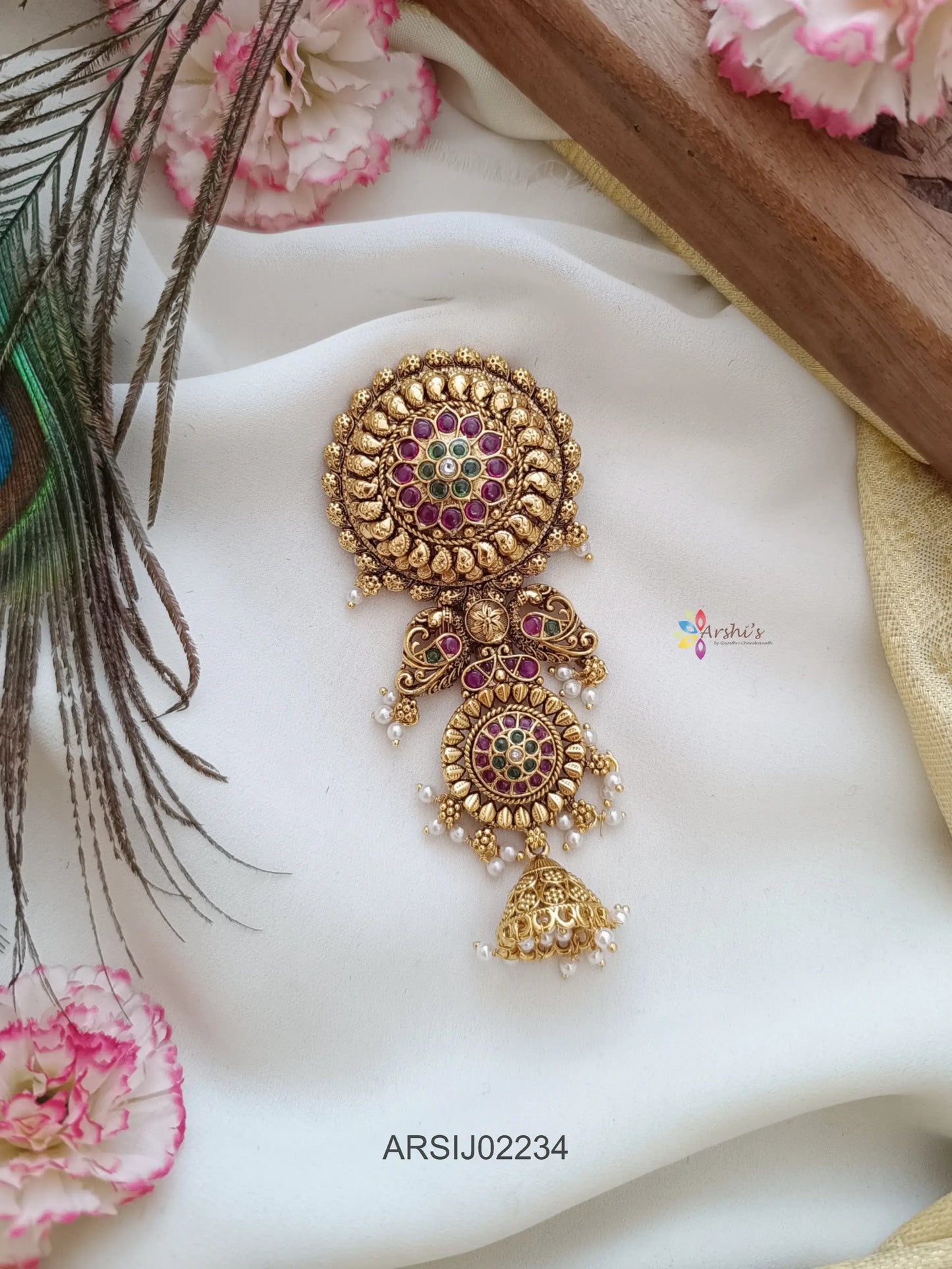 Round and Peacock Design Pearl Drop Hairbrooch