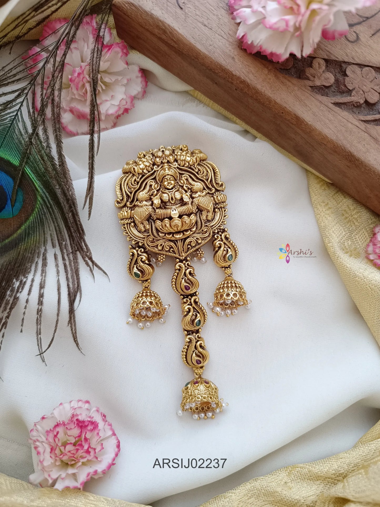 Temple and Peacock Design Jhumki Pearldrop Hairbrooch