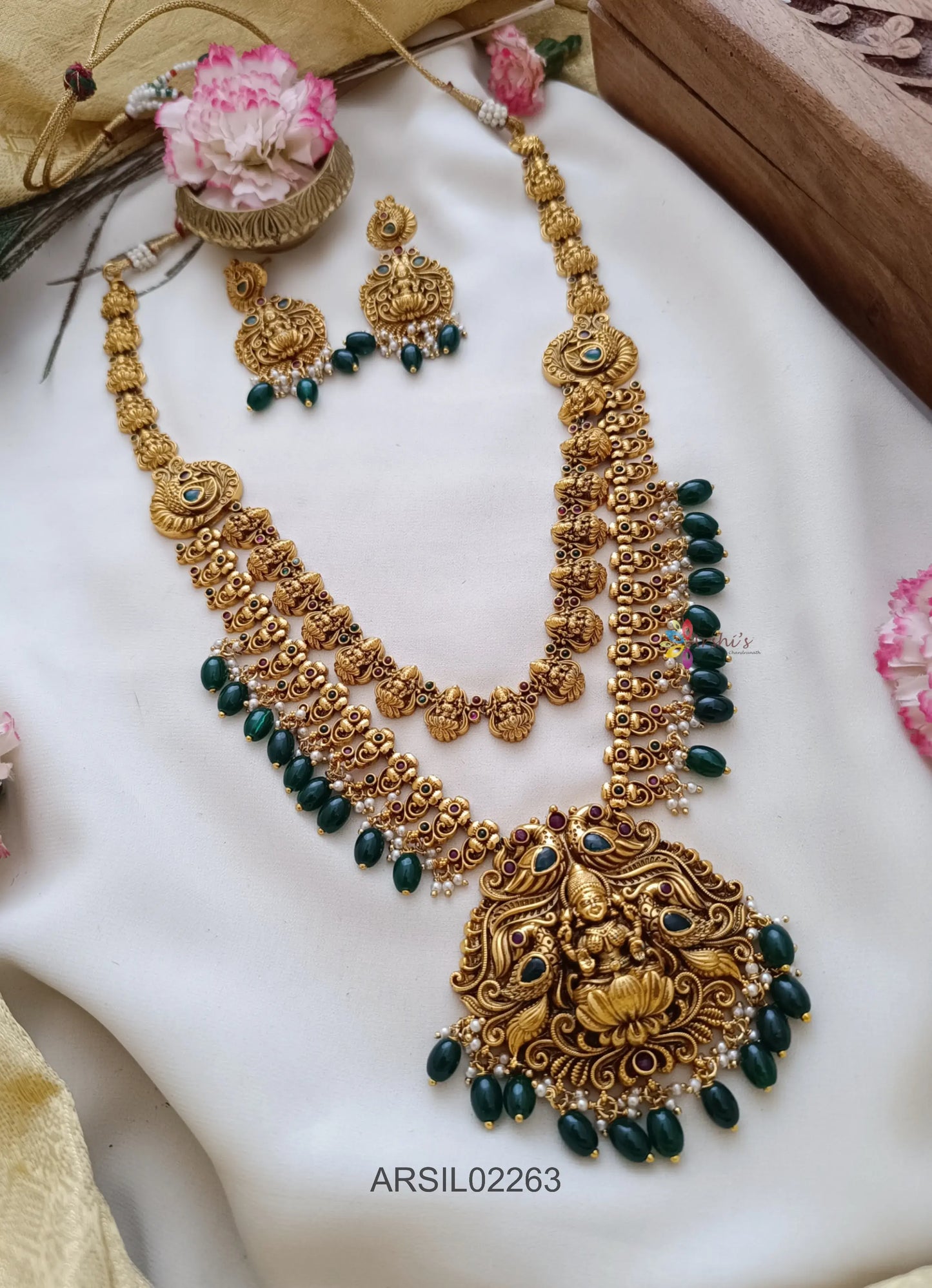 Two Later Lakshmi Pendant Green Bead Haram