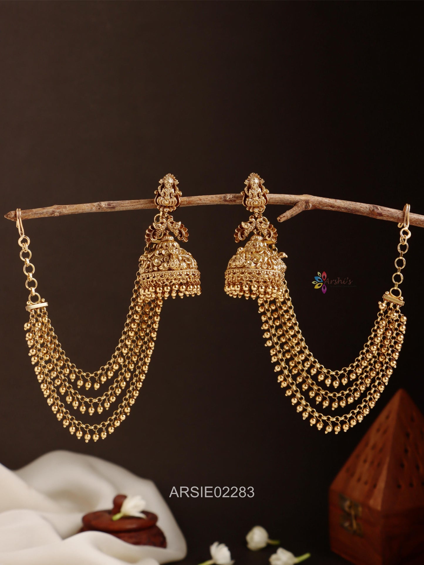 Antique Lakshmi Gold Bead Jhumka with Matching Earchains