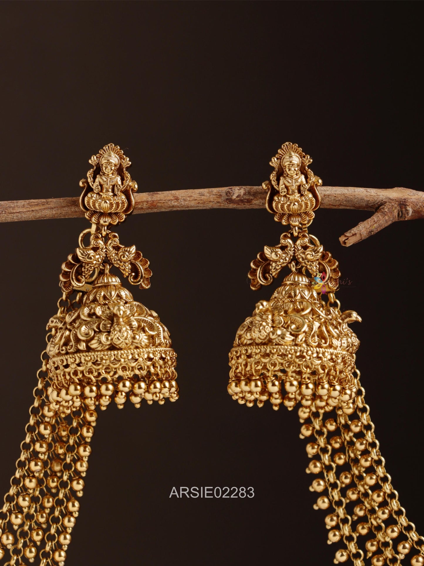 Antique Lakshmi Gold Bead Jhumka with Matching Earchains