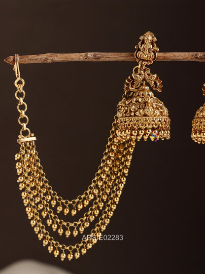 Antique Lakshmi Gold Bead Jhumka with Matching Earchains
