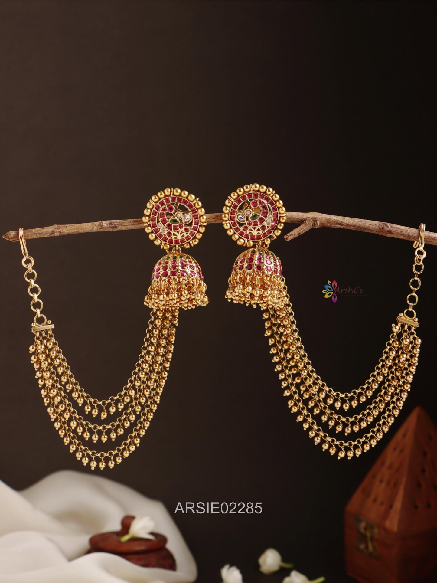 Peacock Kemp Stone Jhumka with Gold Bead Earchains
