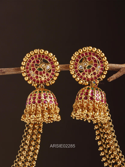 Peacock Kemp Stone Jhumka with Gold Bead Earchains
