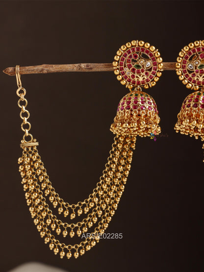 Peacock Kemp Stone Jhumka with Gold Bead Earchains