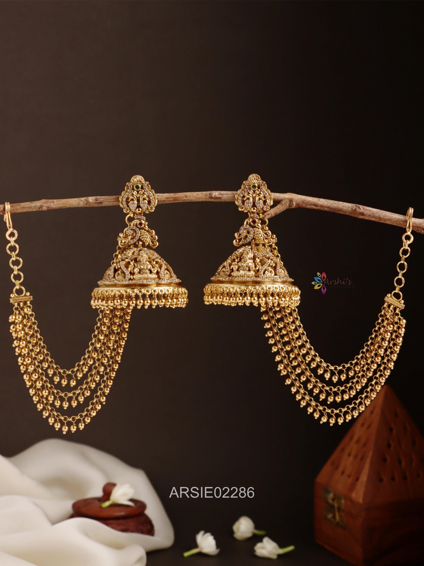 Peacock and Lakshmi Design Jhumka with Earchains