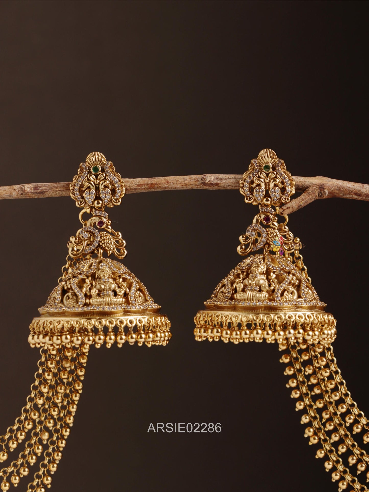 Peacock and Lakshmi Design Jhumka with Earchains