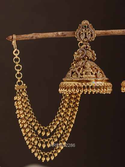 Peacock and Lakshmi Design Jhumka with Earchains