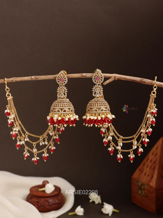 AD Stone Red Beads Jhumka with Earchains
