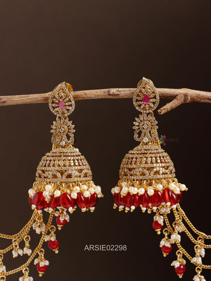 AD Stone Red Beads Jhumka with Earchains