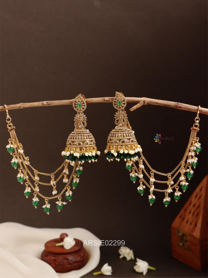AD Stone Green Bead Jhumka with Pearl Earchains