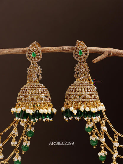 AD Stone Green Bead Jhumka with Pearl Earchains