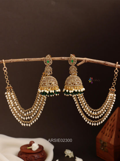AD Stone Green Bead Jhumka with Matching Earchains