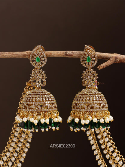 AD Stone Green Bead Jhumka with Matching Earchains