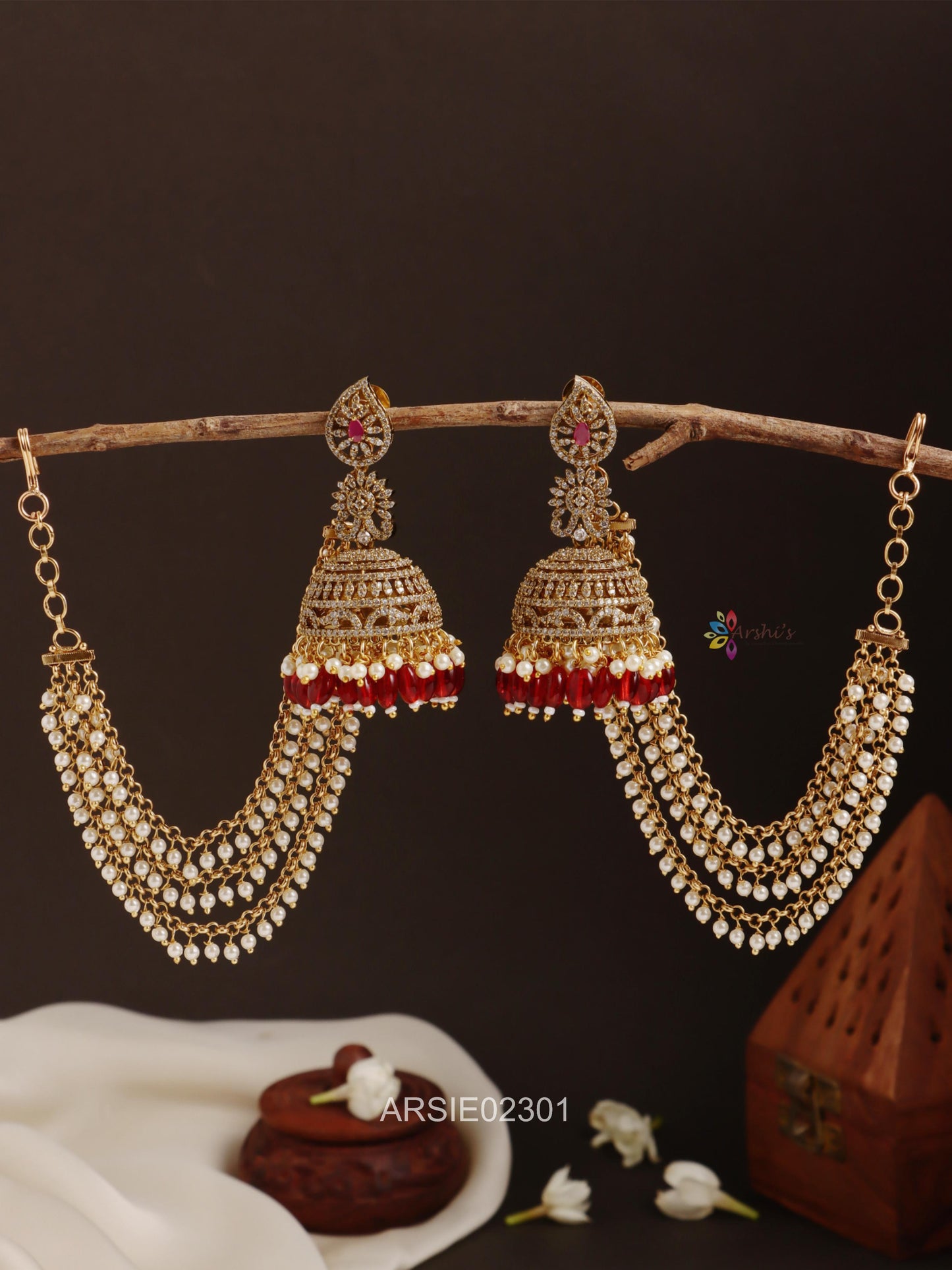 AD Stone Red Beads Jhumka with Earchains