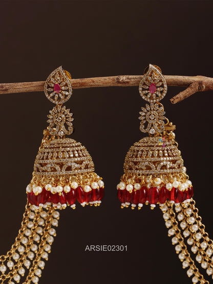 AD Stone Red Beads Jhumka with Earchains