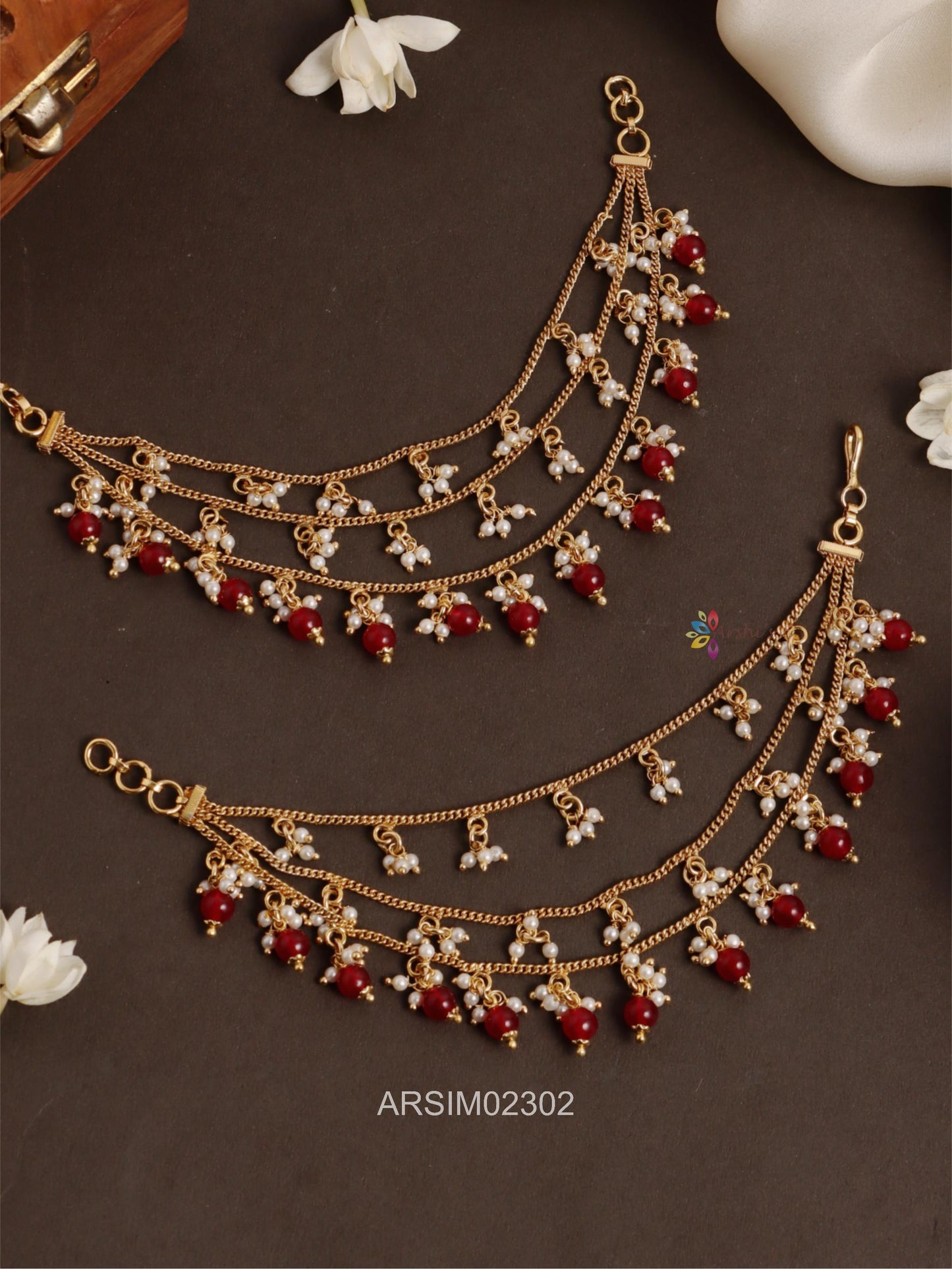 Three Layer Pearl and Small Red Bead Earchains