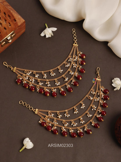 Three Layer Pearl and Red Bead Earchains