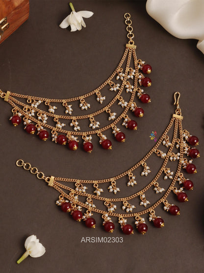 Three Layer Pearl and Red Bead Earchains