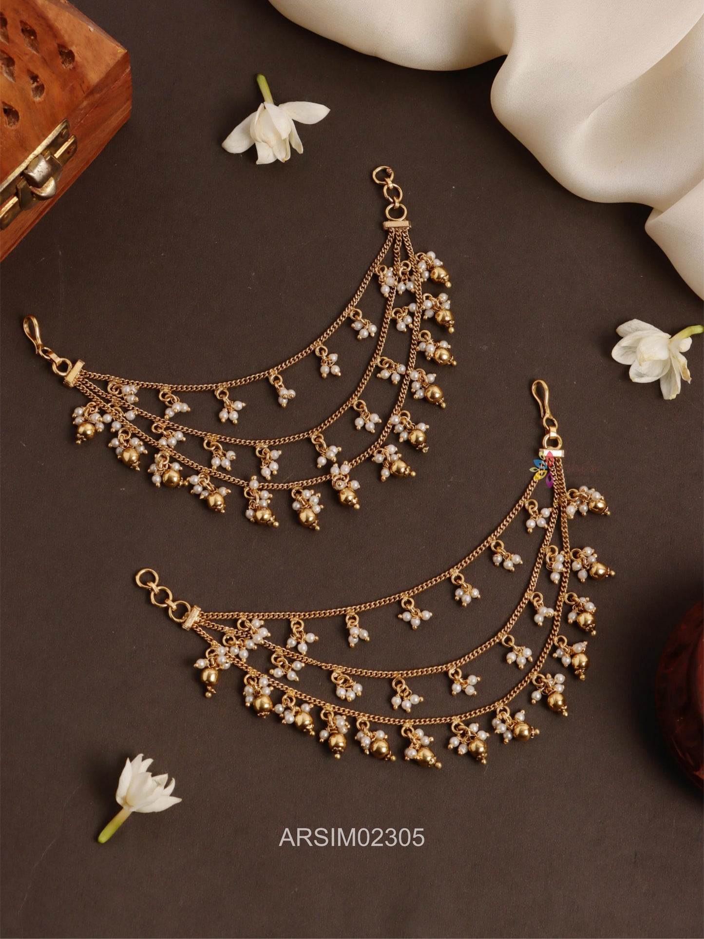 Three Layer Pearl and Gold Bead Earchains