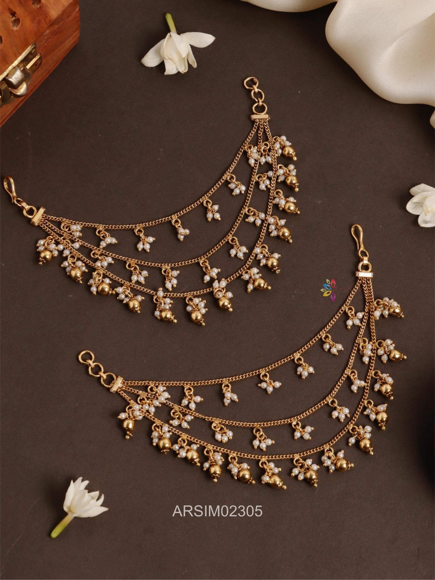 Three Layer Pearl and Gold Bead Earchains