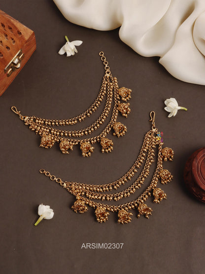 Three Layer Gold Bead Jhumka Drop Earchains