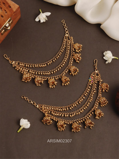 Three Layer Gold Bead Jhumka Drop Earchains
