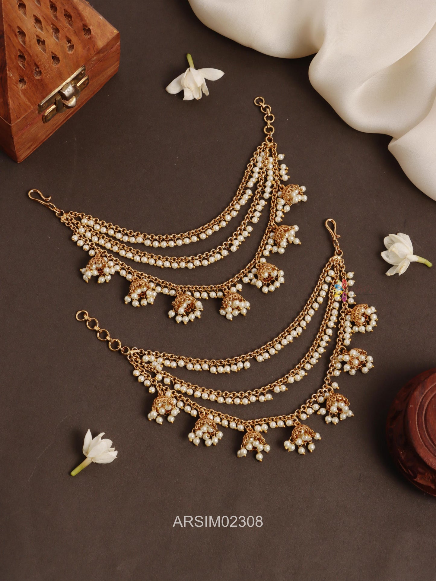 Three Layer Pearl and Jhumka Drop Earchains