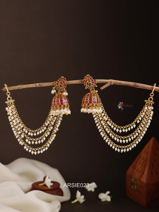 Peacock Kemp Stone Jhumka with Pearl Earchains