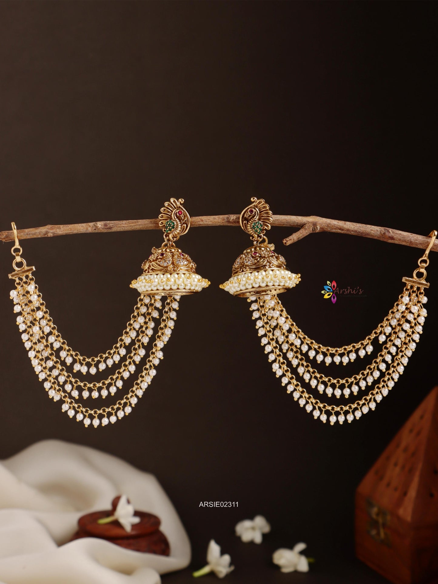 Peacock Design Jhumka with Pearl Earchains