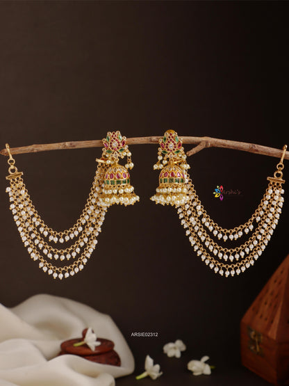 Lotus Design Stone Jhumka with Pearl Earchains