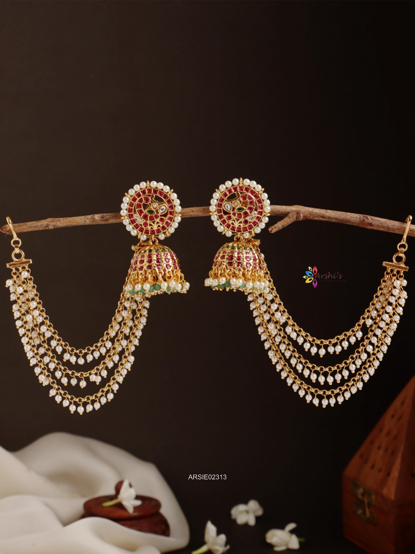 Meenakari Kemp Stone Jhumka with Pearl Earchains