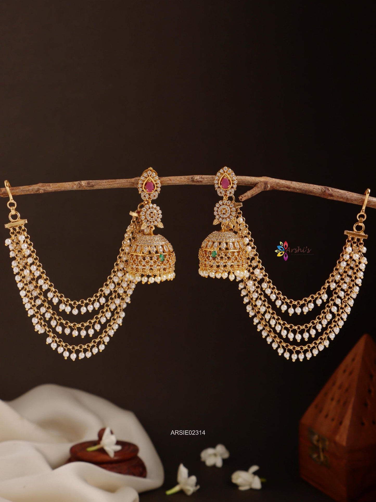 Stone Long Jhumka with Pearl Earchains