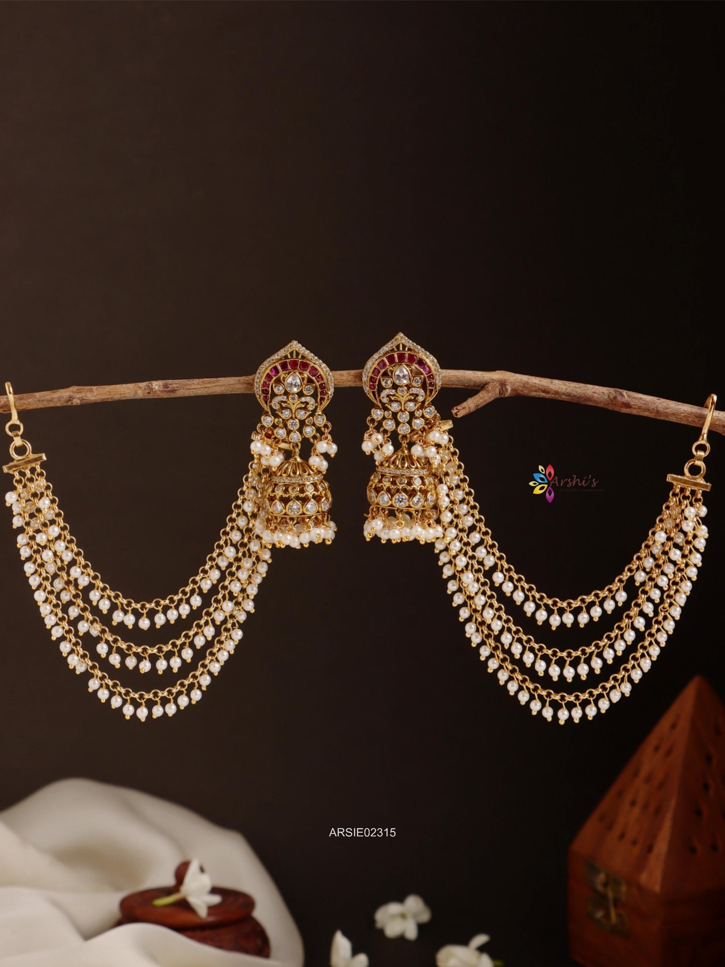 Kemp and Kundan Jhumka with Pearl Earchains