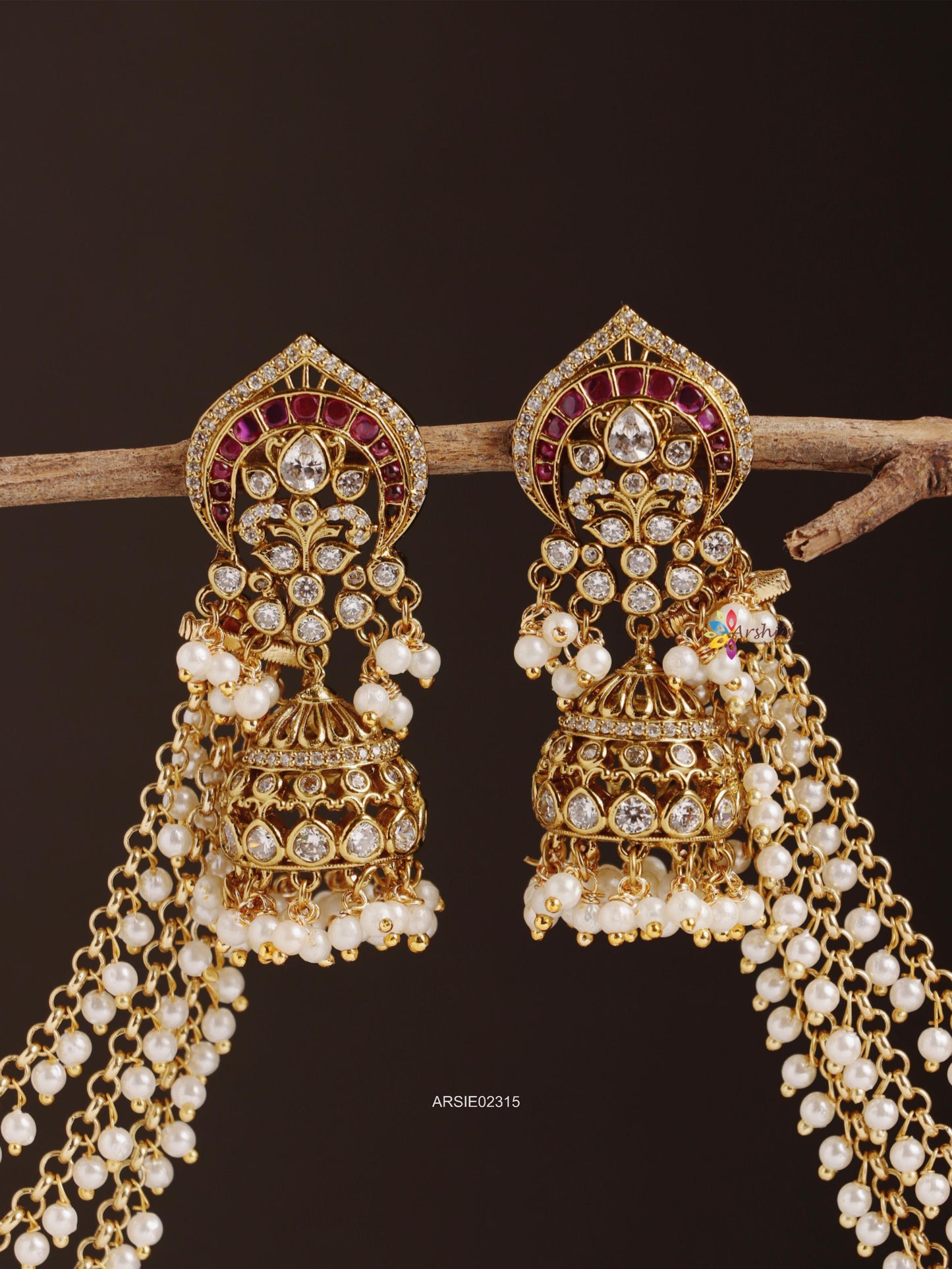 Kemp and Kundan Jhumka with Pearl Earchains