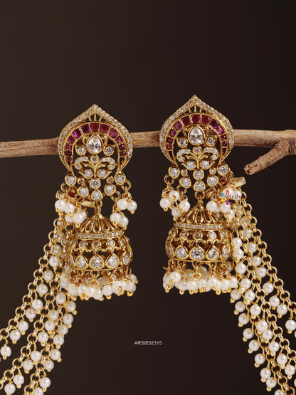 Kemp and Kundan Jhumka with Pearl Earchains