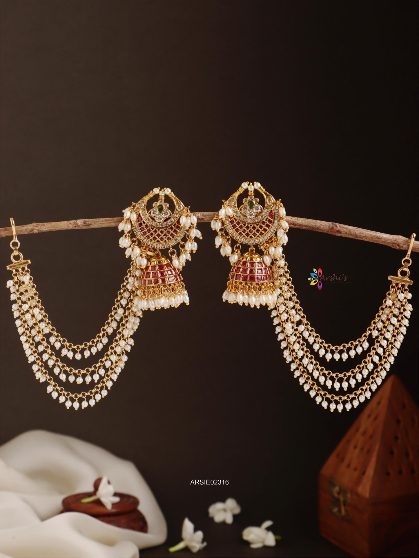 Half Moon Kemp Stone Jhumka with Pearl Earchains