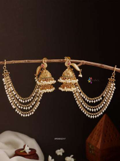 Preacock Double Layer Jhumka with Pearl Earchains
