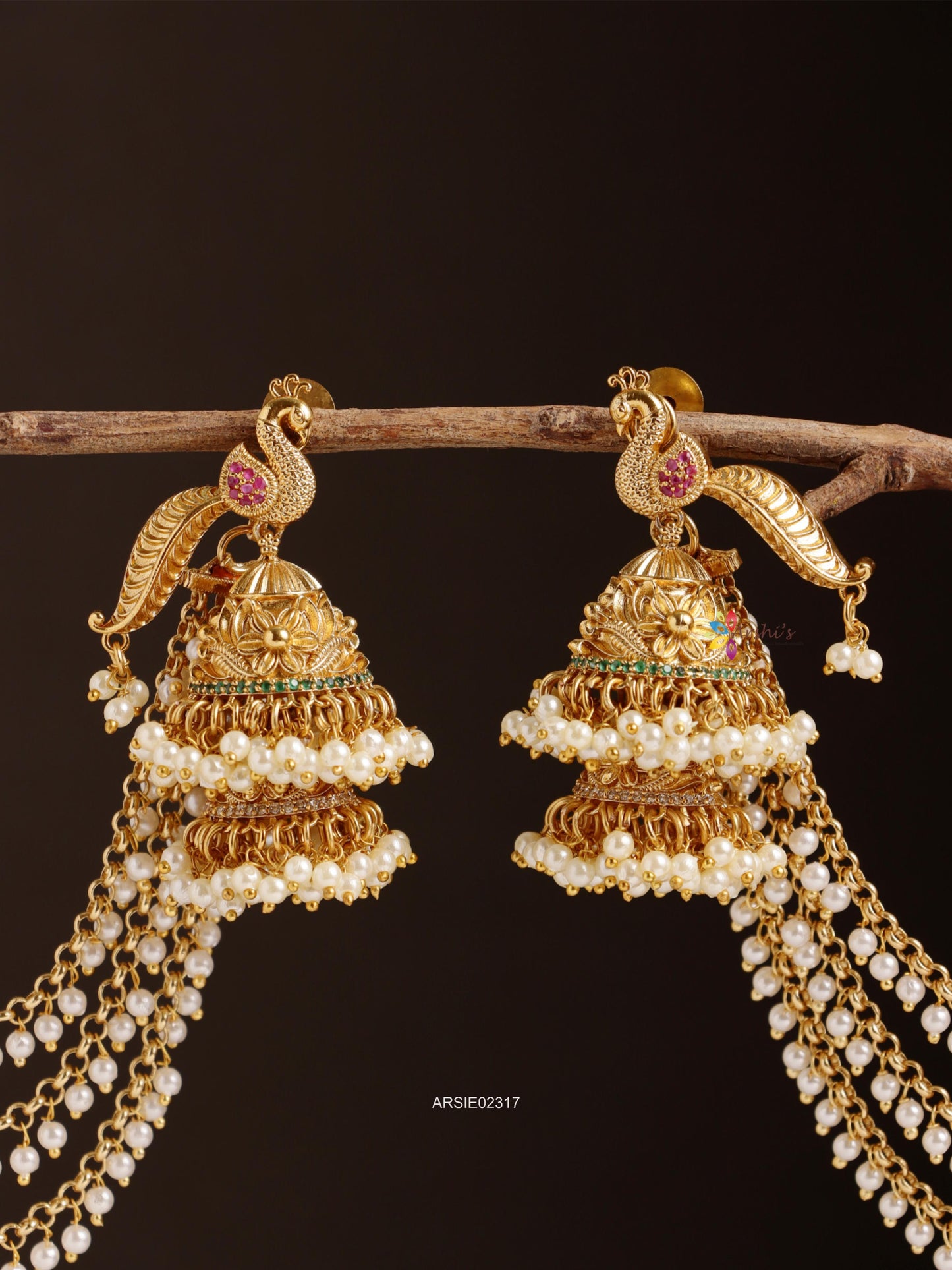 Preacock Double Layer Jhumka with Pearl Earchains
